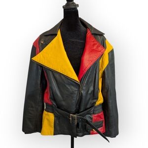 RARE Vintage 80s Boutique Of Leathers Jacket Moto Bold Black Red Yellow